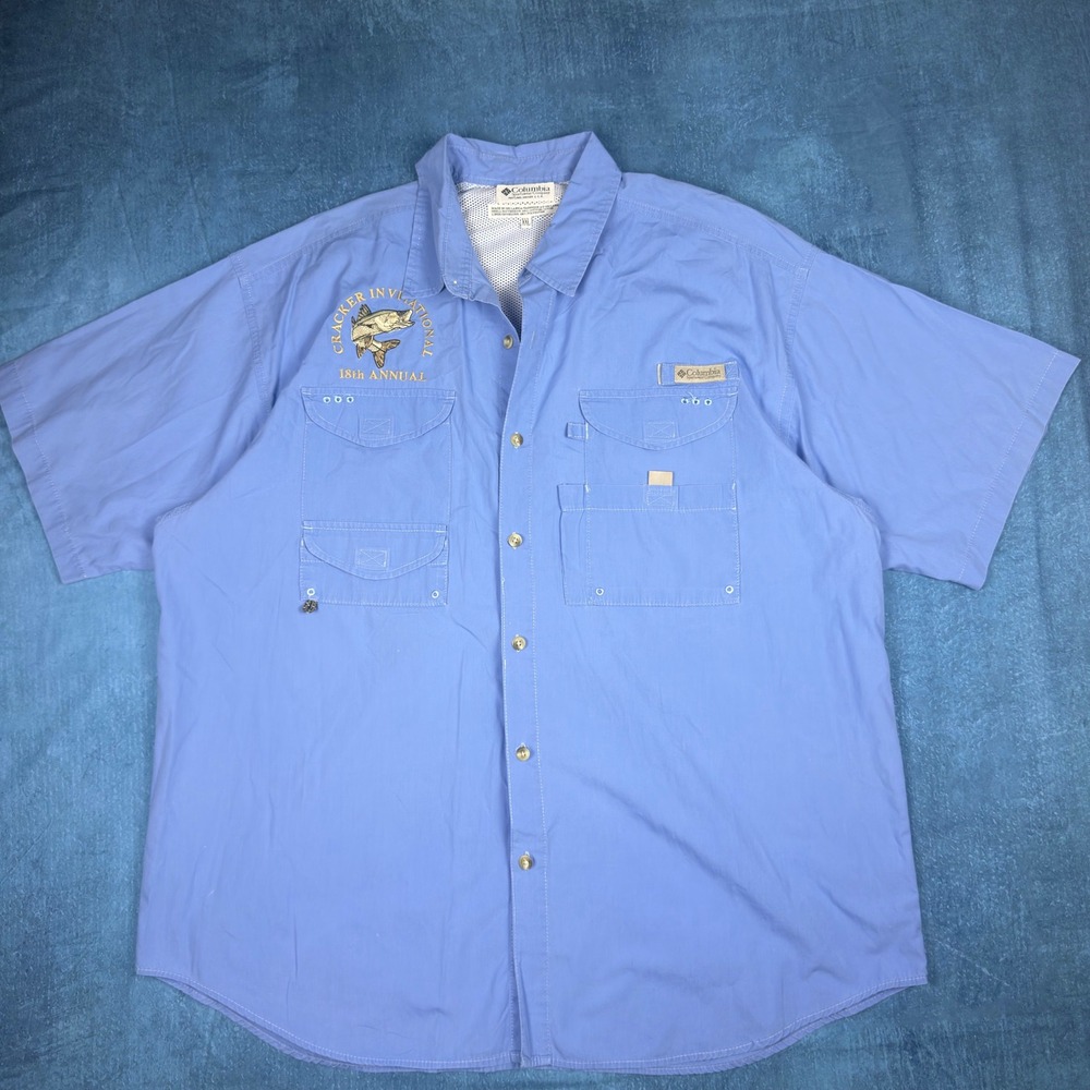 Columbia PFG Mens XXL Blue Short Sleeve Fishing Shirt Cracker Invitational Fish